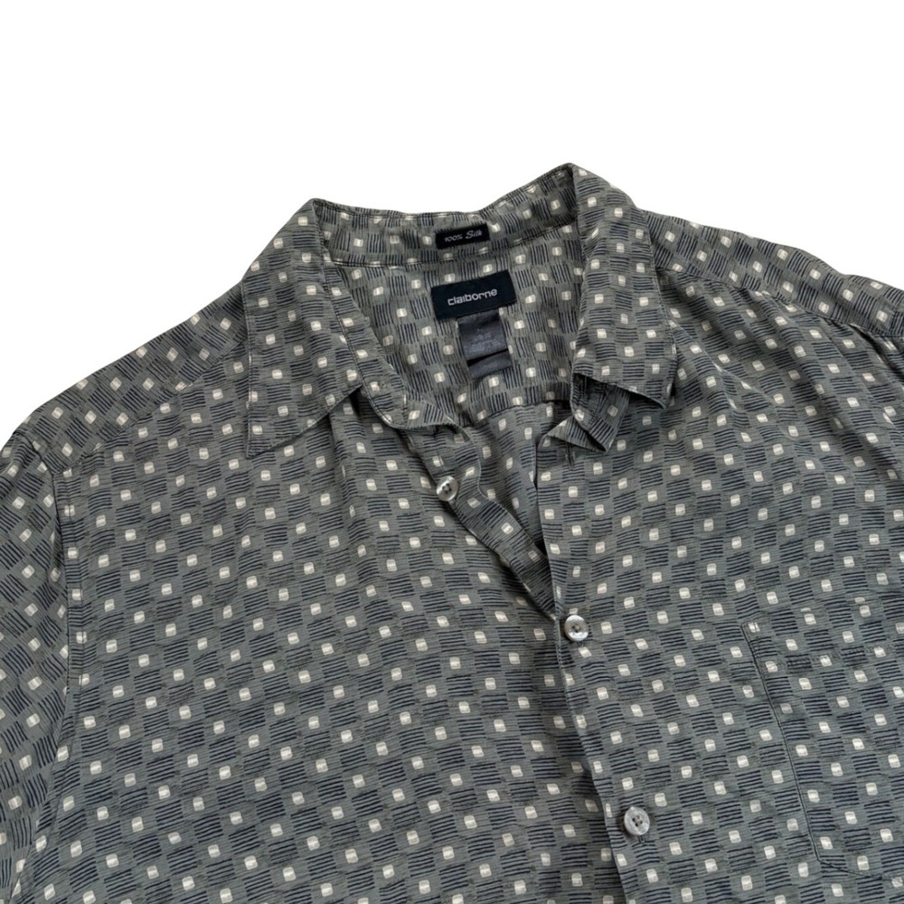 VTG Claiborne Button Up Shirt Mens XL Green 100% Silk Geometric Dad Core Vintage